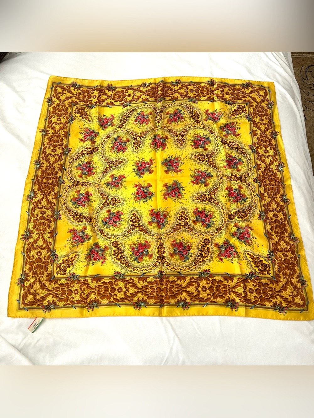 Vintage Morsly NY Silky Acetate Gold Floral Square Scarf Earth Tones 1960 Style
